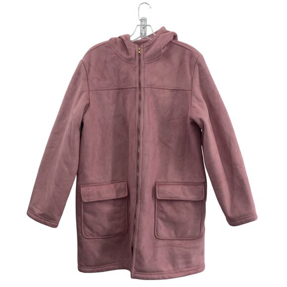 IZOD Women's Pink Hooded Faux Suede Zip Sherpa Lined Overcoat, Size L, Preowned - Picture 1 of 4